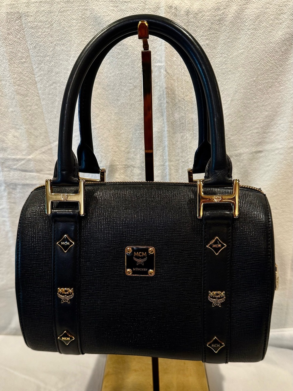 MCM Black Saffiano Textured Leather Boston Bag with Gold Hardware